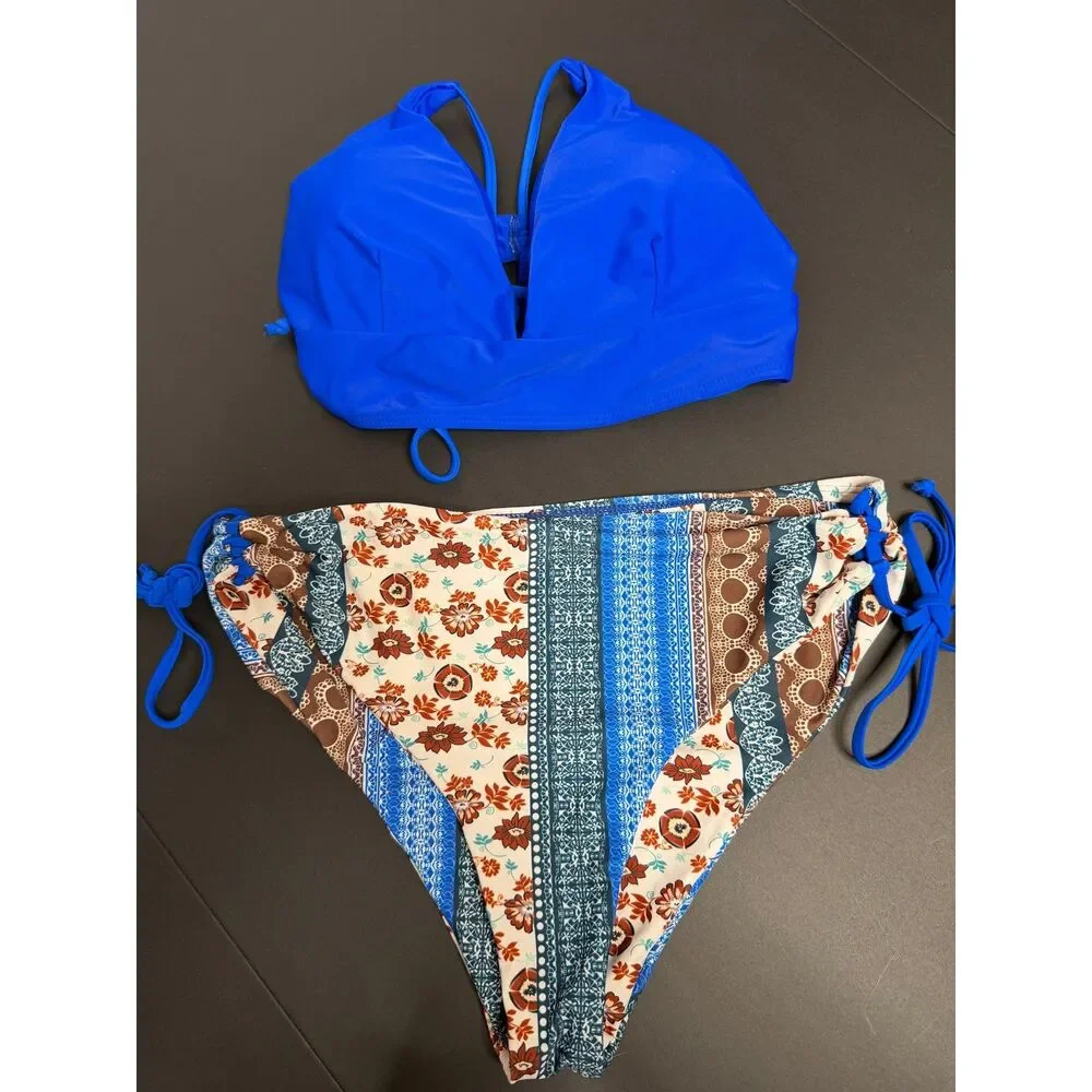 Women's Size L Blue Floral Two-Piece Bikini Set Tie Side Boho Swimwear Swimsuit